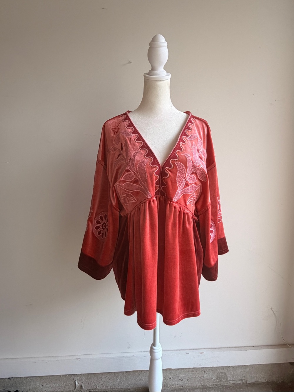 Women’s Red Embroidered V-Neck Boho Top